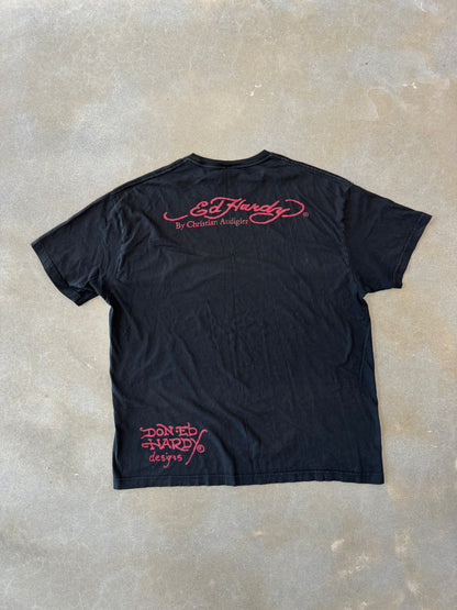 Vintage 2000s Ed Hardy by Christian Audigier Bedazzled Flame Skull T-Shirt [XL]