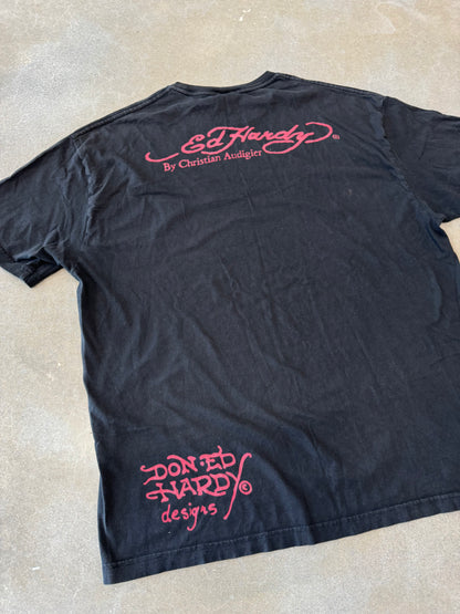 Vintage 2000s Ed Hardy by Christian Audigier Bedazzled Flame Skull T-Shirt [XL]