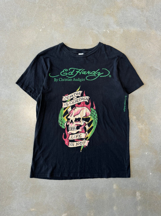 Vintage 2000s Ed Hardy by Christian Audigier Bedazzled Flaming Skull T-Shirt [L]