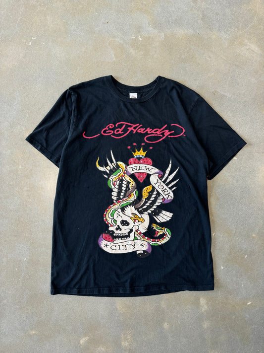 Vintage 2000s Ed Hardy by Christian Audigier Bedazzled NYC Eagle Snake Skull T-Shirt [XL]