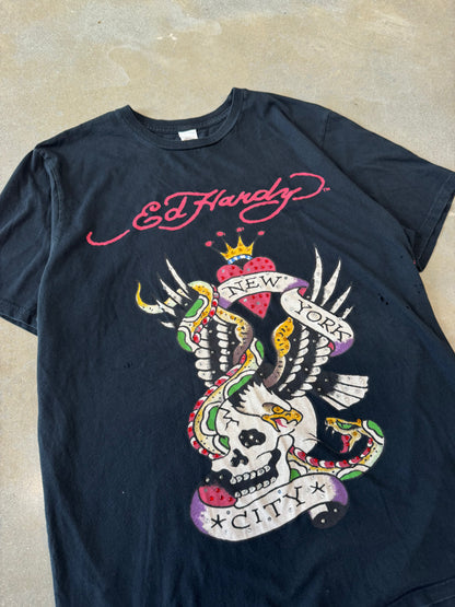 Vintage 2000s Ed Hardy by Christian Audigier Bedazzled NYC Eagle Snake Skull T-Shirt [XL]