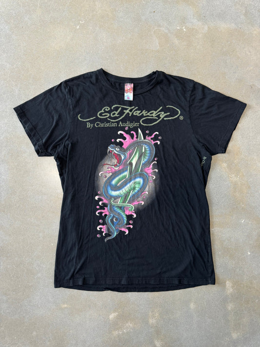 Vintage 2000s Ed Hardy by Christian Audigier Bedazzled Snake Knife Tattoo T-Shirt [XL] (Copy)