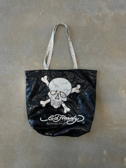 Vintage 2000s Ed Hardy by Christian Audigier Pierced Skull Cheetah Print Tote Bag