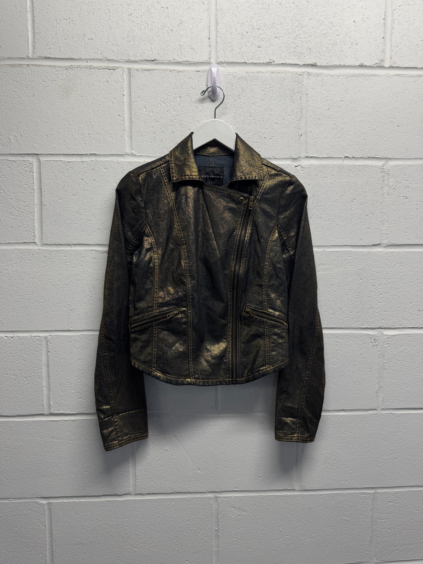 Y2K Rock & Republic Gold Metallic Moto Jacket [M]