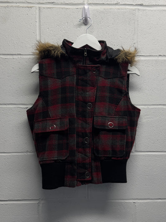 Y2K Plaid Fur Hooded Vest [XS]