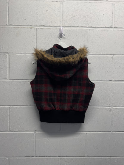 Y2K Plaid Fur Hooded Vest [XS]