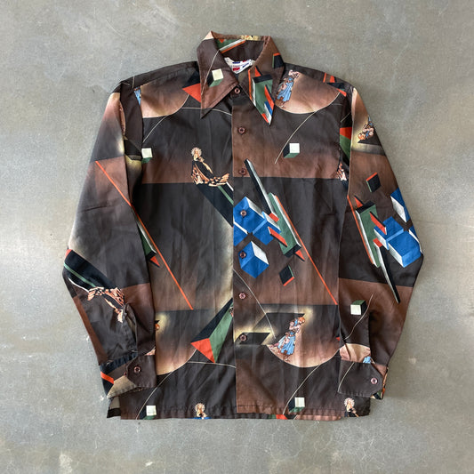 1970s Geometric All Over Print Button-Up Shirt [S/M]
