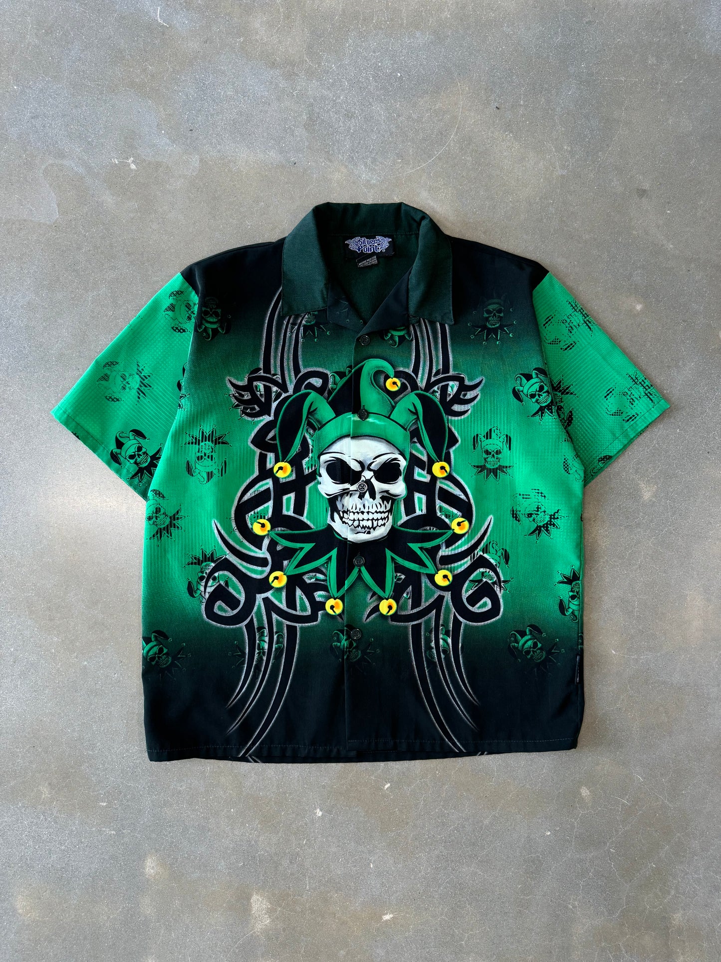Vintage Y2K Skull Jester All Over Print Button-Up Shirt [M]