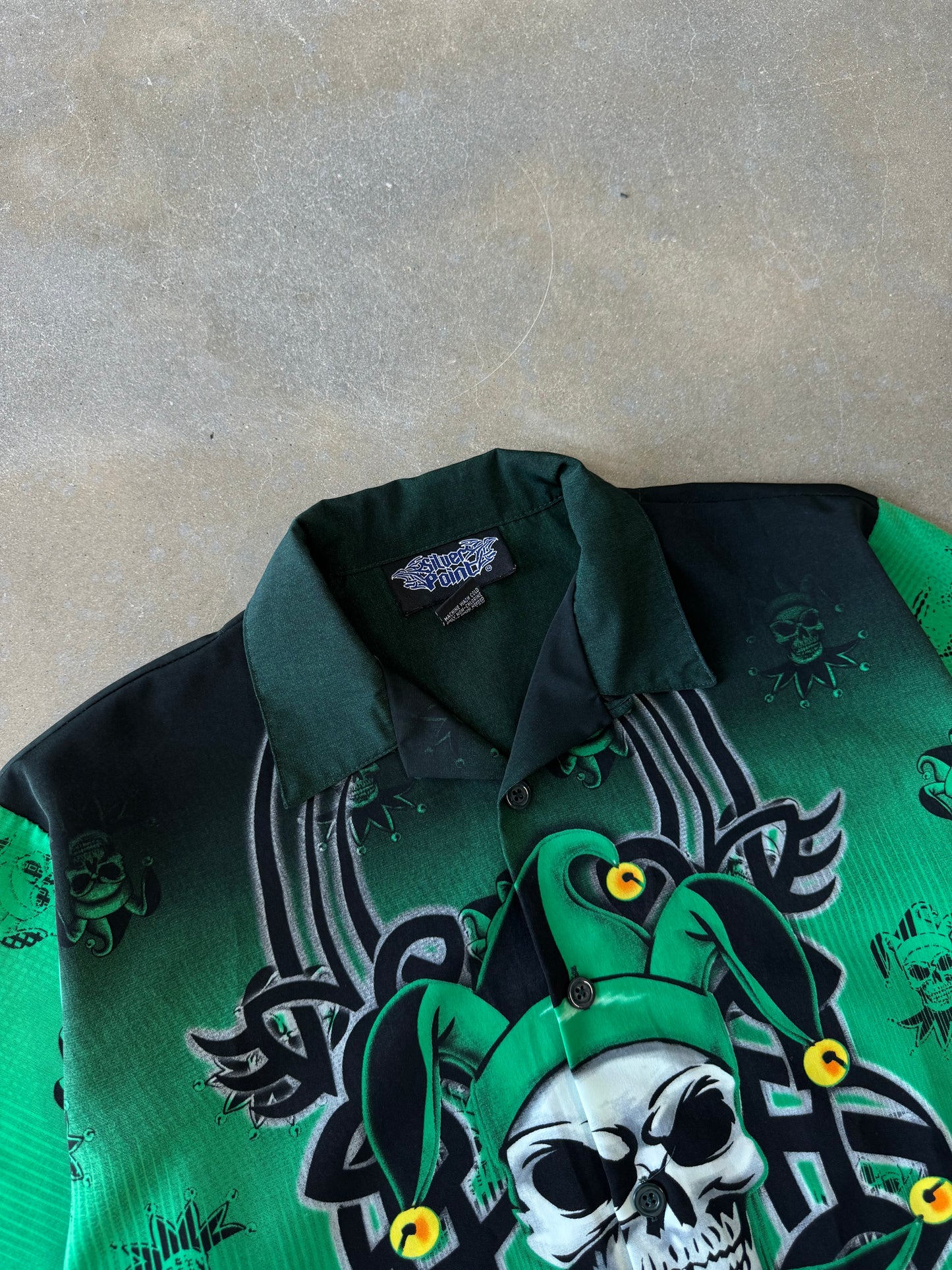Vintage Y2K Skull Jester All Over Print Button-Up Shirt [M]