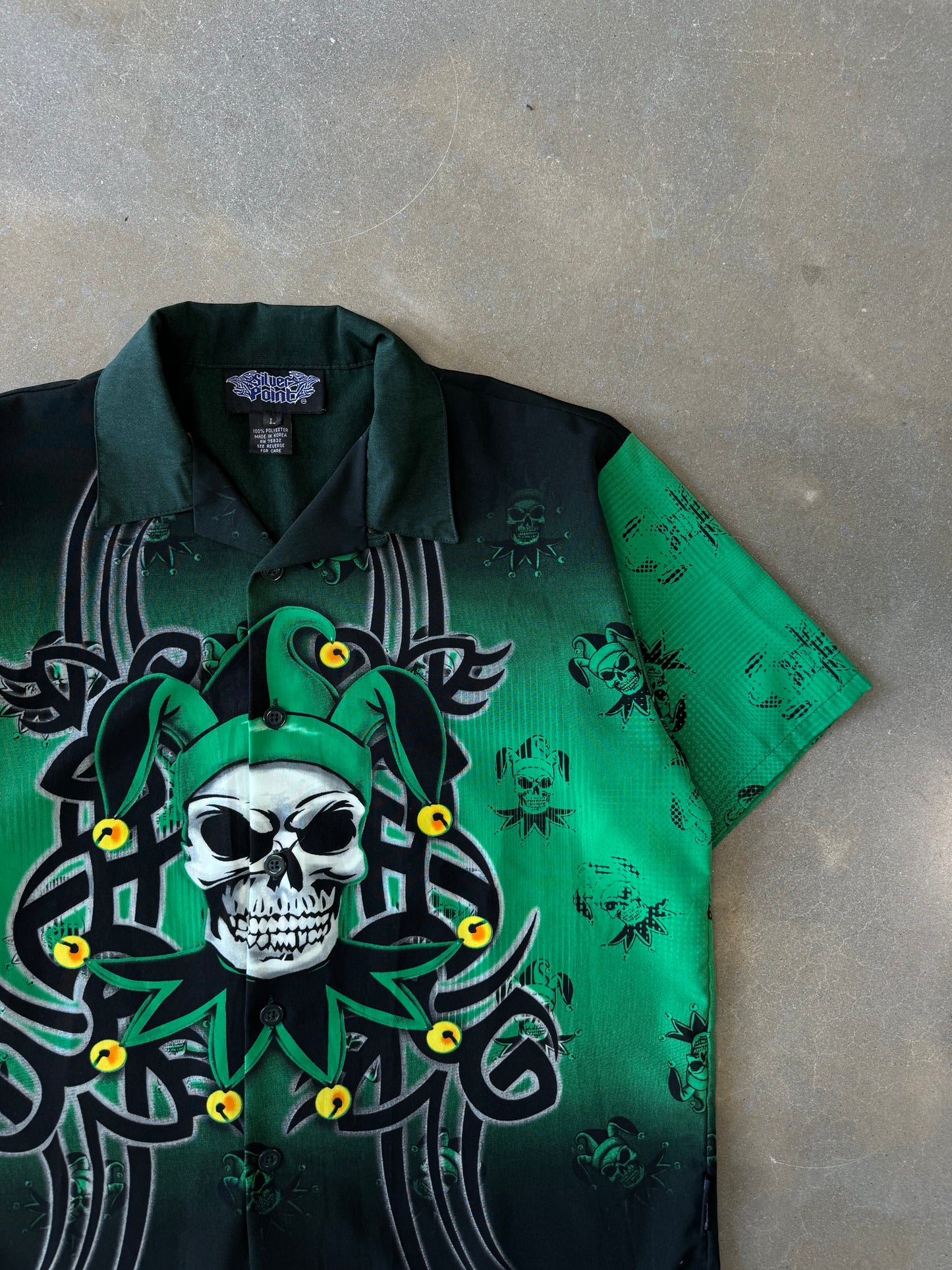 Vintage Y2K Skull Jester All Over Print Button-Up Shirt [M]