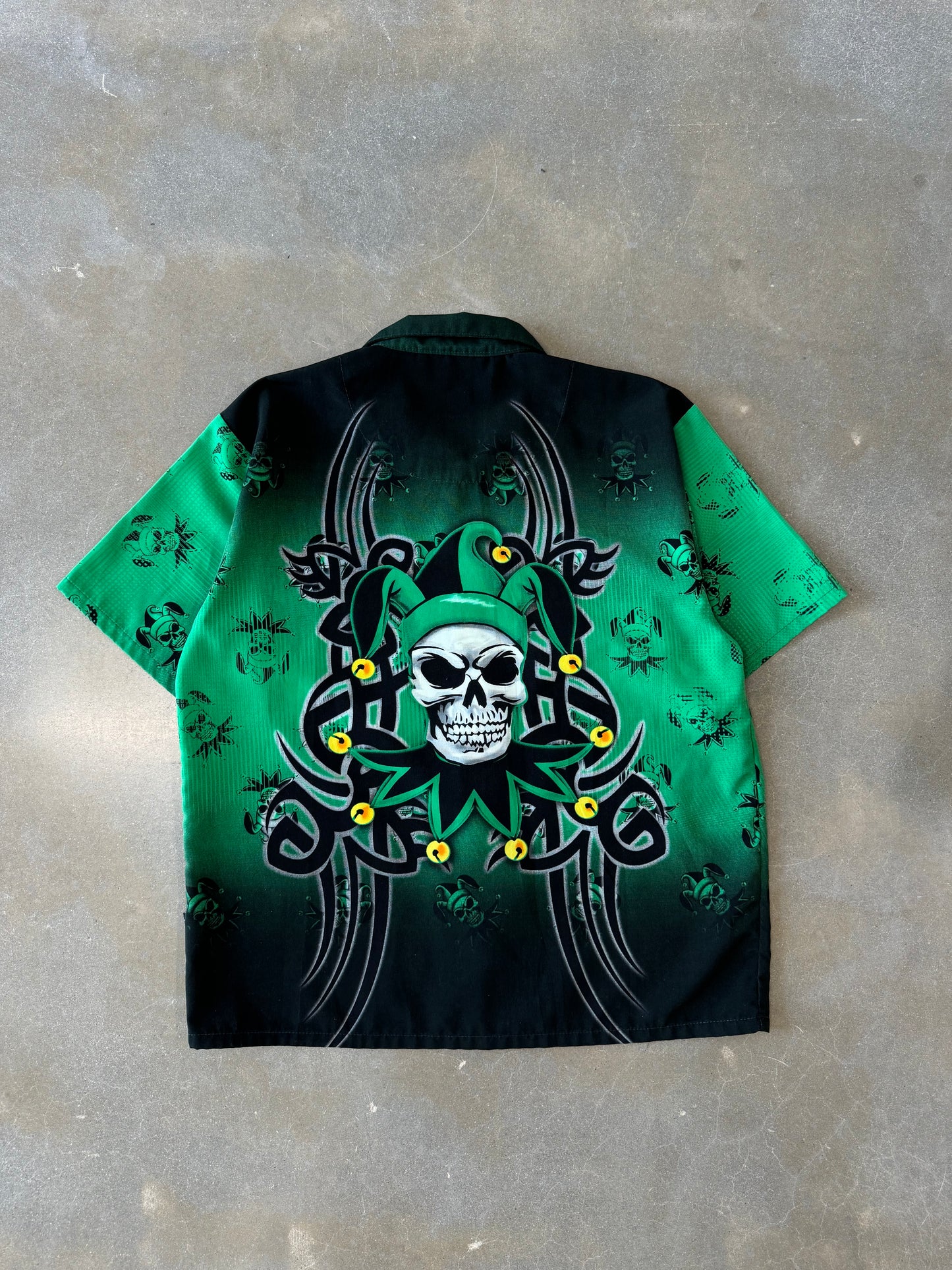 Vintage Y2K Skull Jester All Over Print Button-Up Shirt [M]