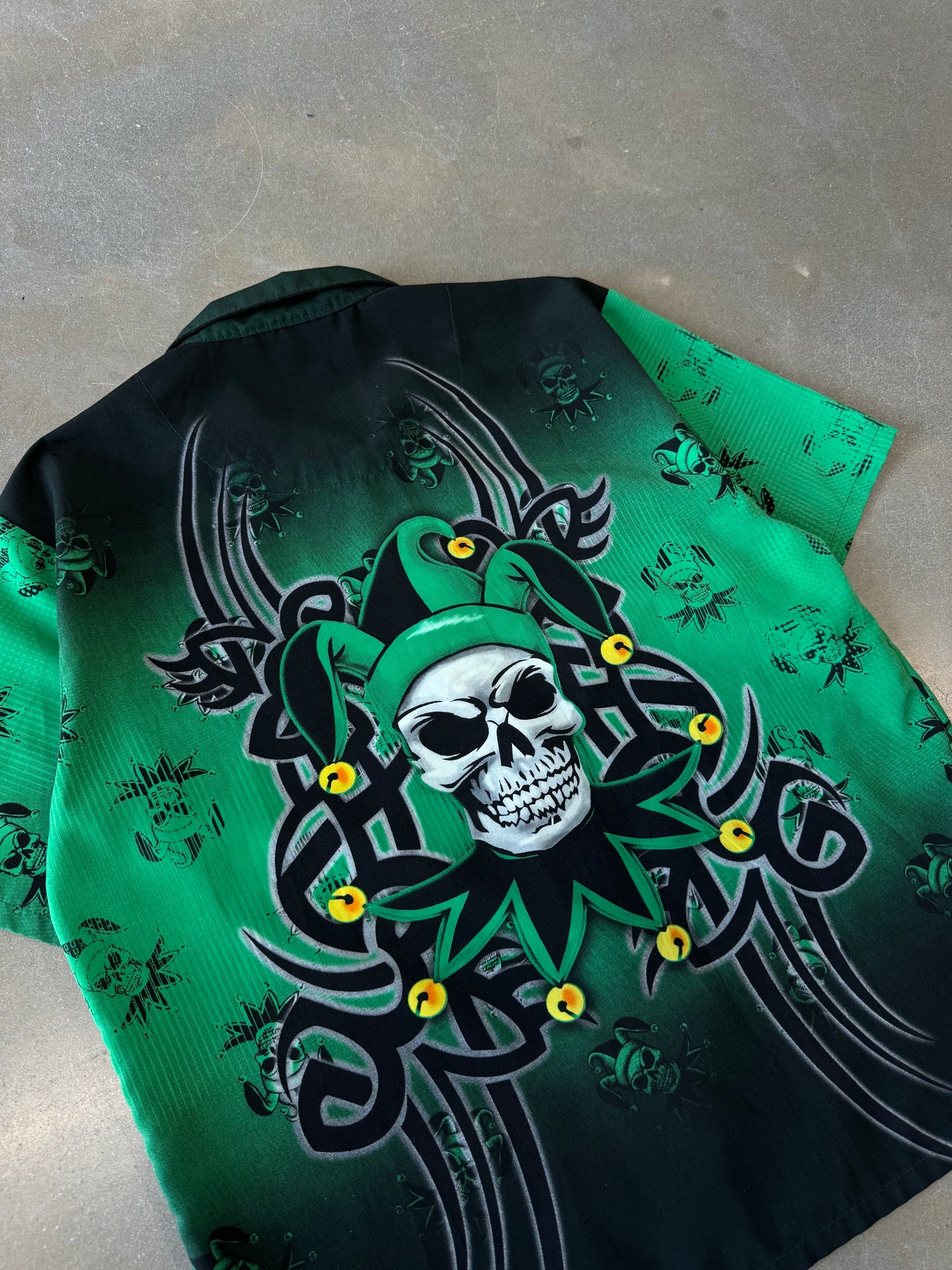 Vintage Y2K Skull Jester All Over Print Button-Up Shirt [M]