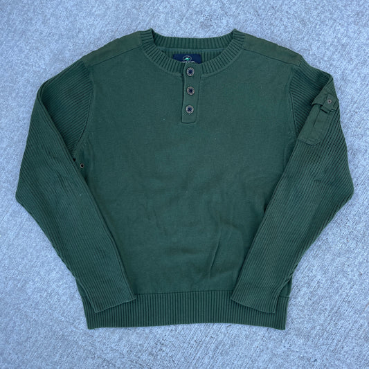 Y2K Red Head Military-Esque Cargo Henley Sweater [M]