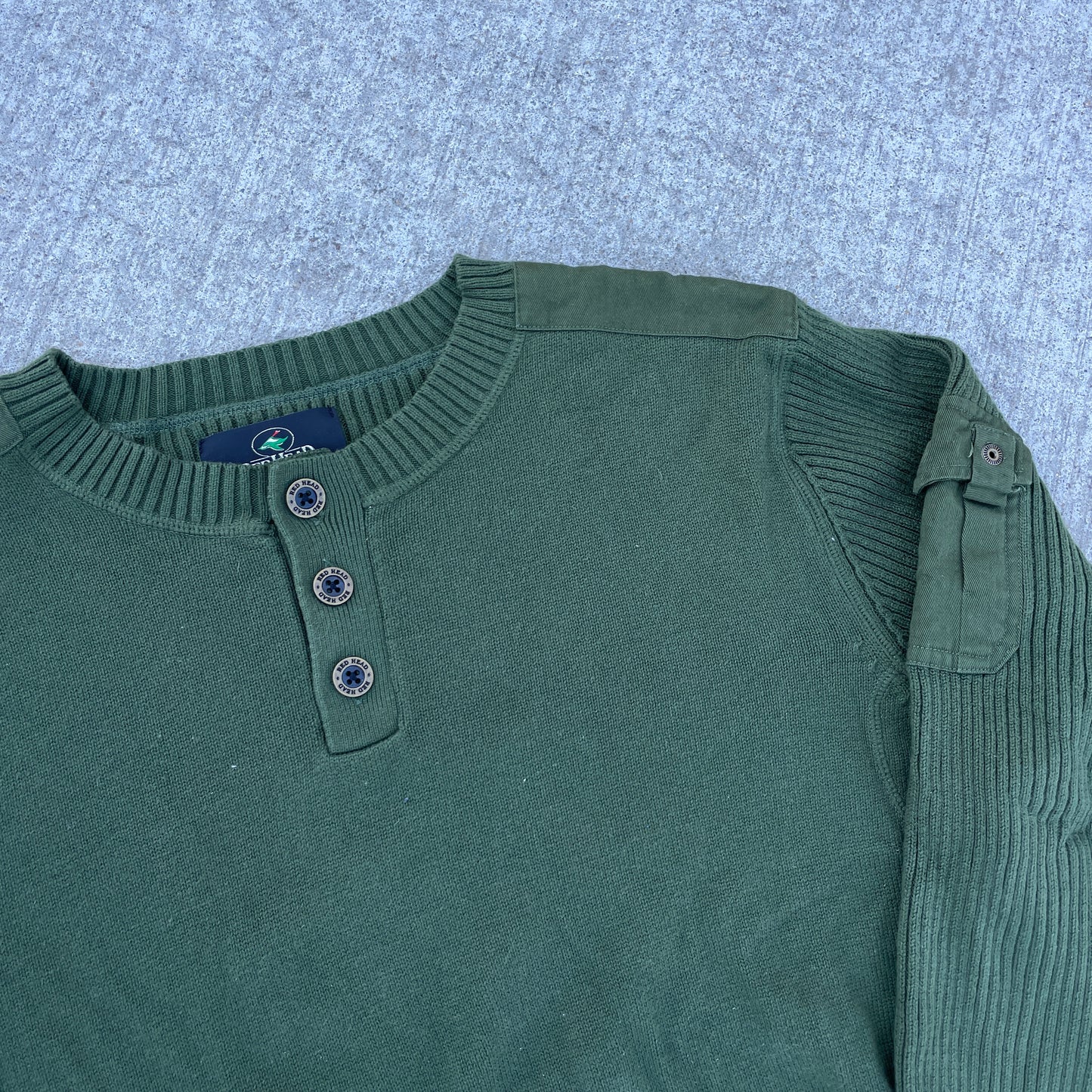 Y2K Red Head Military-Esque Cargo Henley Sweater [M]