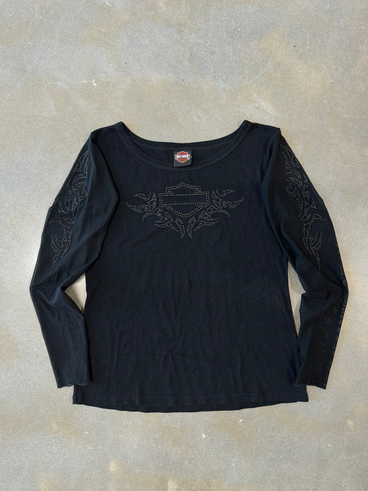 Vintage Y2K Harley Davidson Bedazzled Mesh Longsleeve [L]