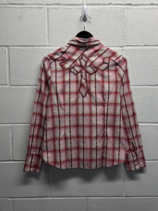 Y2K 2000s Plaid Cross Patch Snap Button-Up Shirt [M/L]